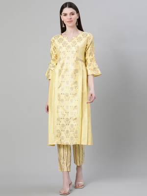Yellow printed art silk kurtas-and-kurtis 1