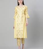 Yellow printed art silk kurtas-and-kurtis