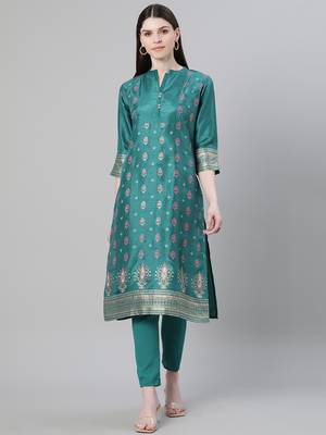 Green printed art silk kurtas-and-kurtis 1