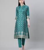Green printed art silk kurtas-and-kurtis