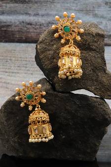Green Stone Studded Designer Jhumkas