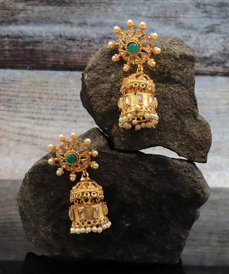 Green Stone Studded Designer Jhumkas