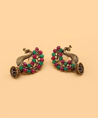 Silver Plated Pink & Green Stone Studded Peacock Earrings 1