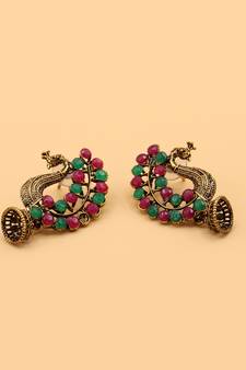 Silver Plated Pink & Green Stone Studded Peacock Earrings