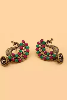 Silver Plated Pink & Green Stone Studded Peacock Earrings