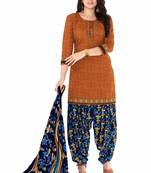 Brown & Dark Blue Cotton Printed Readymade Patiyala Suit Set