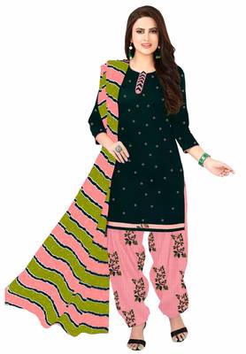 Bottle Green & Pink Cotton Printed Readymade Patiyala Suit Set 1