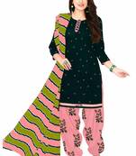 Bottle Green & Pink Cotton Printed Readymade Patiyala Suit Set