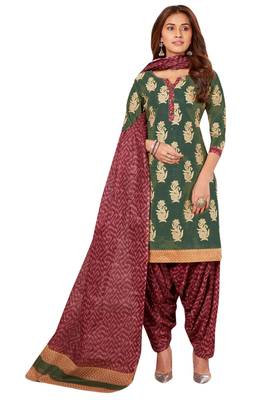 Mehendi Green & Burgundy Cotton Printed Readymade Patiyala Suit Set 1