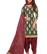 Mehendi Green & Burgundy Cotton Printed Readymade Patiyala Suit Set