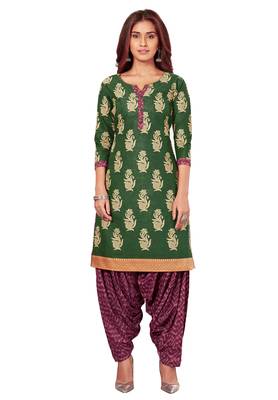 Mehendi Green & Burgundy Cotton Printed Readymade Patiyala Suit Set 2