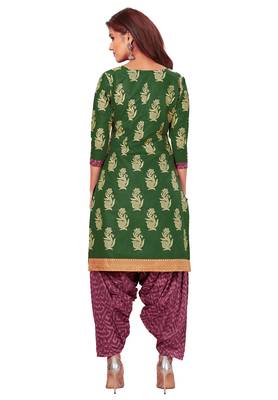 Mehendi Green & Burgundy Cotton Printed Readymade Patiyala Suit Set 3