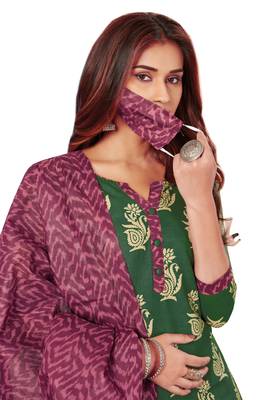 Mehendi Green & Burgundy Cotton Printed Readymade Patiyala Suit Set 5