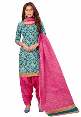 Blue & Pink Cotton Printed Readymade Patiyala Suit Set 1