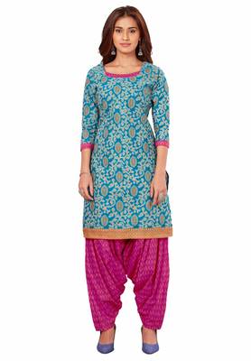 Blue & Pink Cotton Printed Readymade Patiyala Suit Set 2