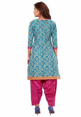 Blue & Pink Cotton Printed Readymade Patiyala Suit Set 3