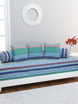 Diwan Set with 3 Cushion Covers and 2 Bolster Covers, Blue 1