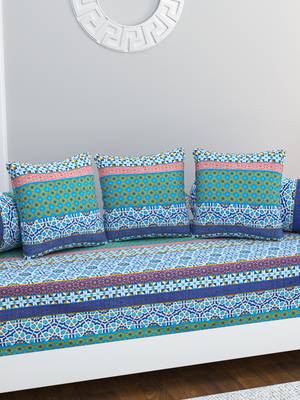 Diwan Set with 3 Cushion Covers and 2 Bolster Covers, Blue 2