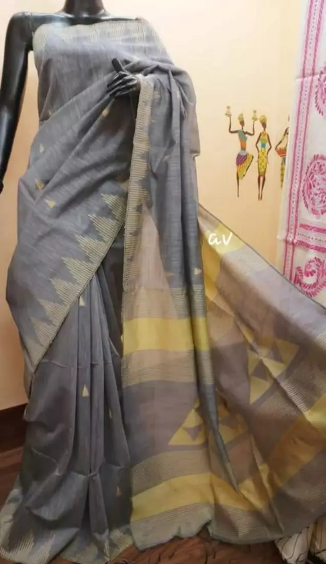 Grey Cotton Bengal  Handloom Saree
