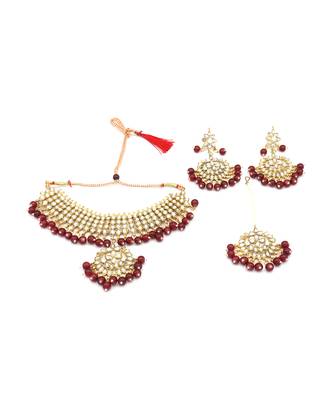 Gold Plated Kundan Pearl Fancy Choker Necklace Set Traditional Jewellery Set With Earrings For Women 3