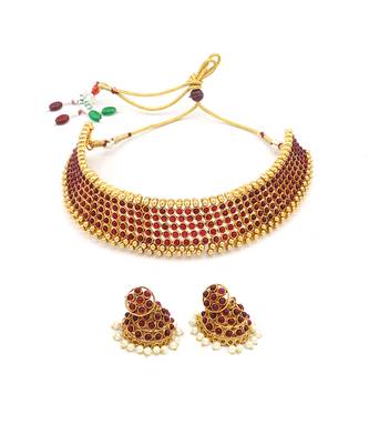 Red Stone Antique Kempu Choker Necklace Set 2