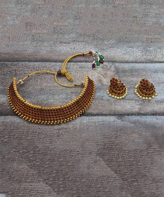 Red Stone Antique Kempu Choker Necklace Set 5