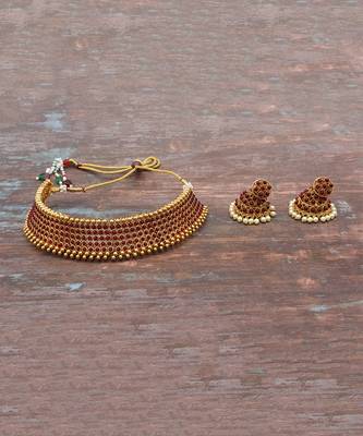 Red Stone Antique Kempu Choker Necklace Set 7