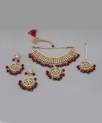 Gold Plated Kundan Pearl Fancy Choker Necklace Set Traditional Jewellery Set With Earrings For Women 7