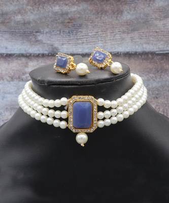 Blue Stone Pendant Pearl Choker Earrings Set 6