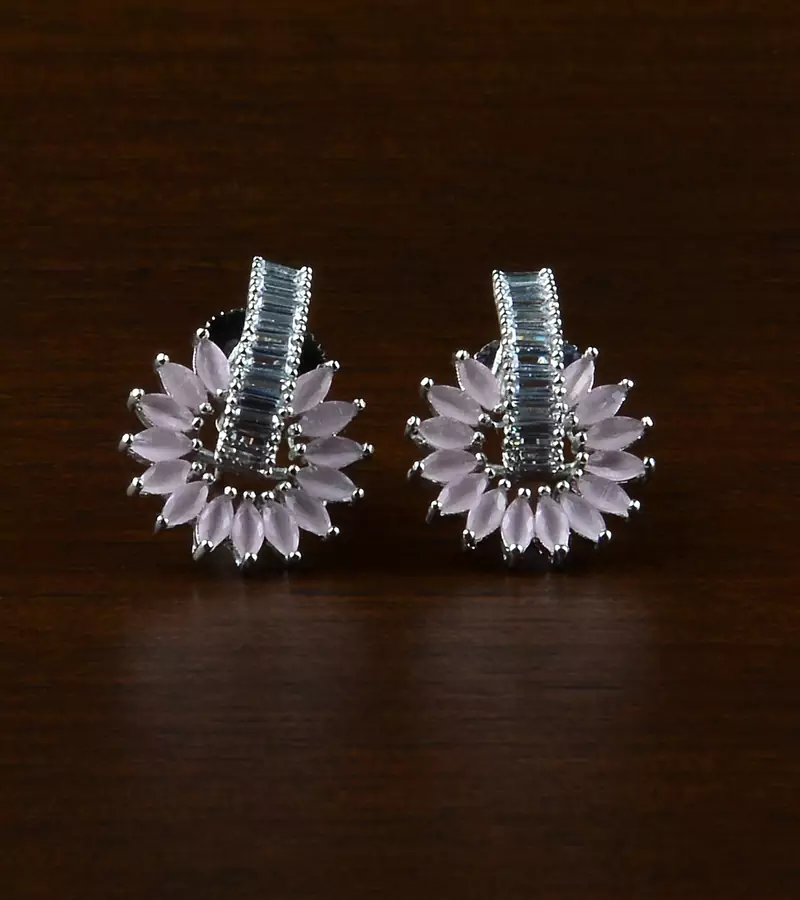 Rhodium Plated Baby Pink Stone Embellished American Diamond Earrings 216ED481
