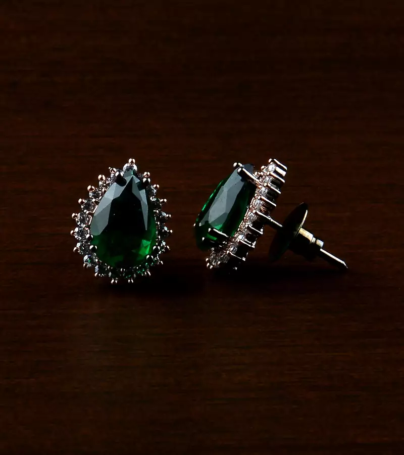 Rose and Black Plated Green Stone Embellished American Diamond Earrings 216ED485