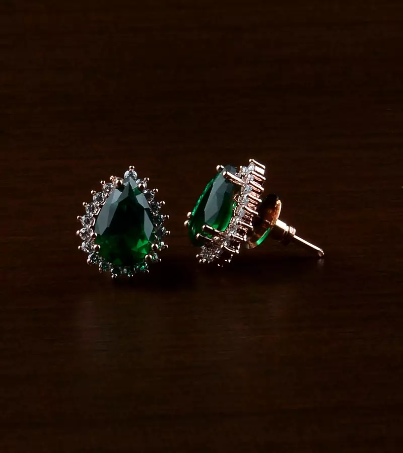Rose Gold Plated Green Stone Embellished American Diamond Earrings 216ED491