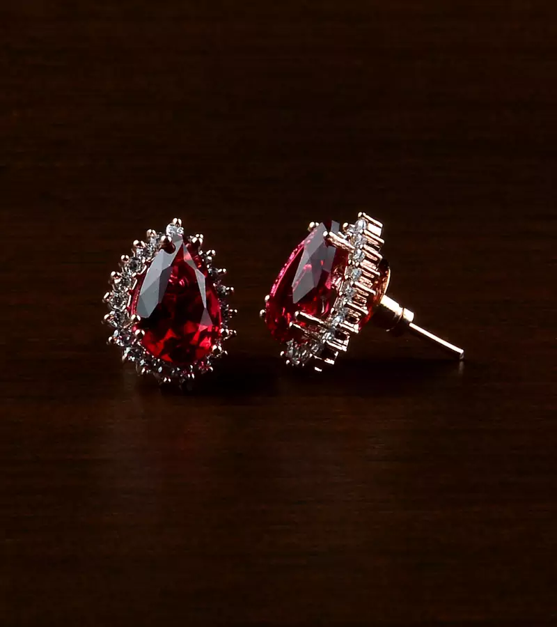 Rose Gold Plated Hydro Ruby Stone Embellished American Diamond Earrings 216ED492