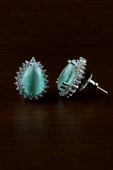 Rhodium Plated Mint Stone Embellished American Diamond Earrings 216ED495