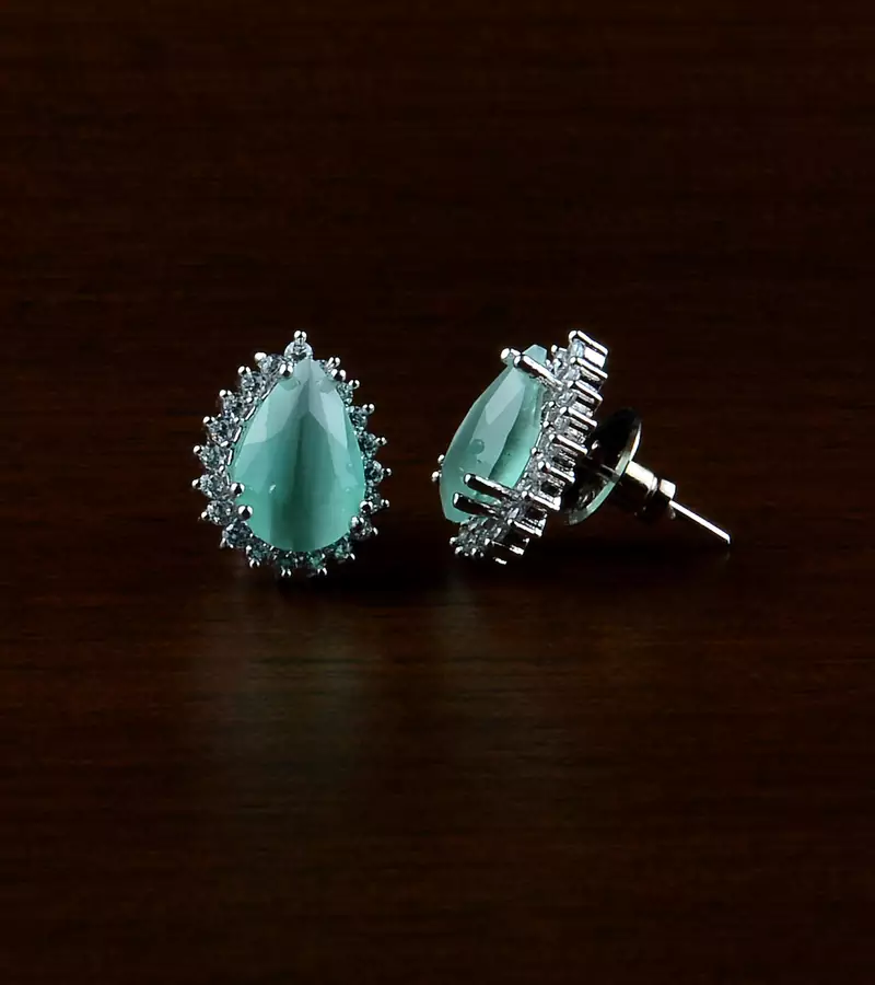 Rhodium Plated Mint Stone Embellished American Diamond Earrings 216ED495