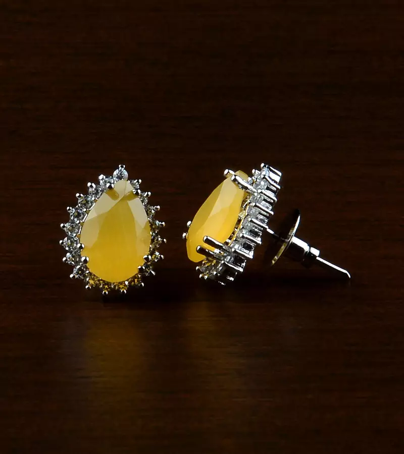 Rhodium Plated Yellow Stone Embellished American Diamond Earrings 216ED498