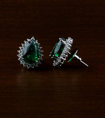 Rhodium Plated Green Stone Embellished American Diamond Earrings 216ED499 1