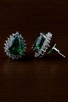 Rhodium Plated Green Stone Embellished American Diamond Earrings 216ED499
