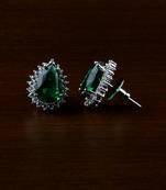 Rhodium Plated Green Stone Embellished American Diamond Earrings 216ED499