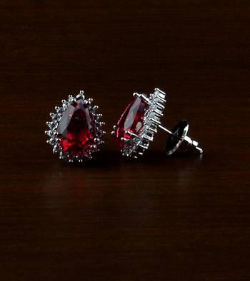 Rhodium Plated Hydro Ruby Stone Embellished American Diamond Earrings 216ED500 1