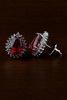 Rhodium Plated Hydro Ruby Stone Embellished American Diamond Earrings 216ED500