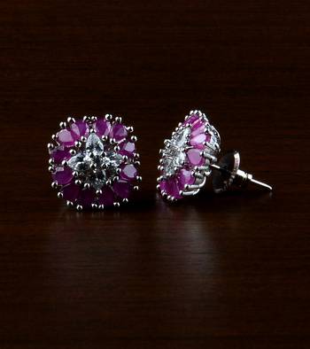 Rhodium Plated Ruby Stone Embellished American Diamond Earrings 216ED505 1
