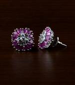 Rhodium Plated Ruby Stone Embellished American Diamond Earrings 216ED505