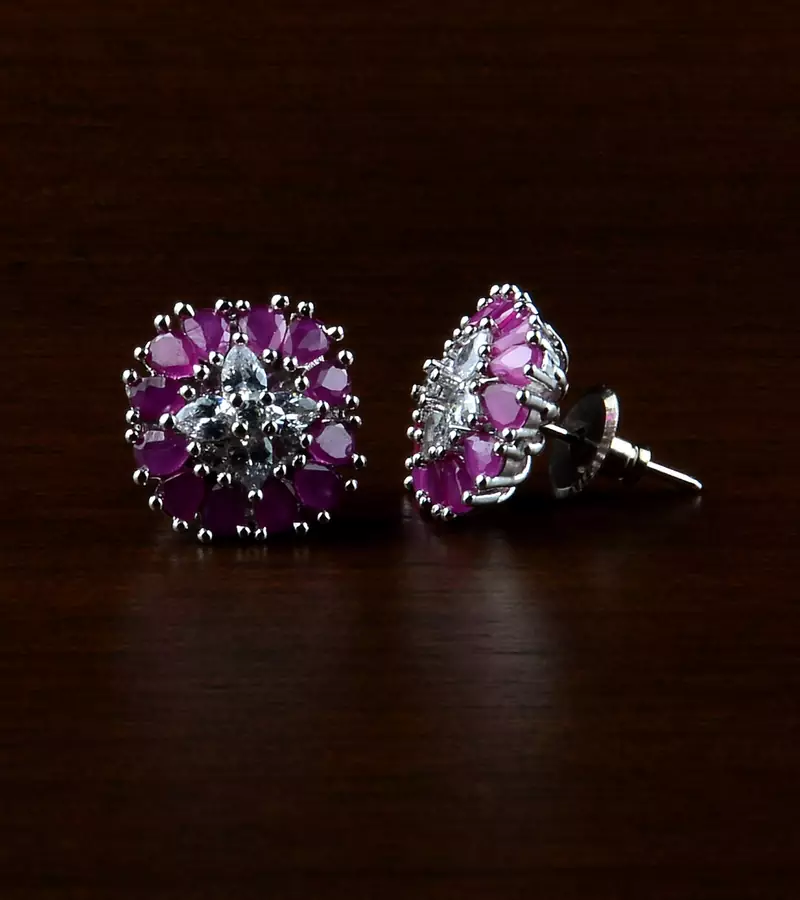 Rhodium Plated Ruby Stone Embellished American Diamond Earrings 216ED505