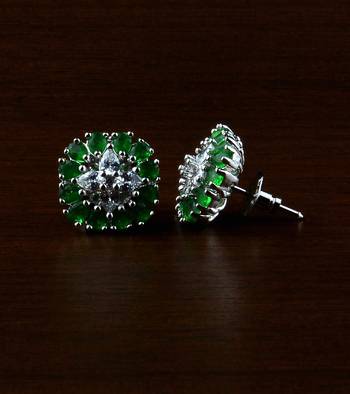 Rhodium Plated Green Stone Embellished American Diamond Earrings 216ED506 1