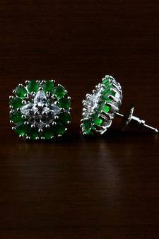Rhodium Plated Green Stone Embellished American Diamond Earrings 216ED506