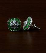 Rhodium Plated Green Stone Embellished American Diamond Earrings 216ED506