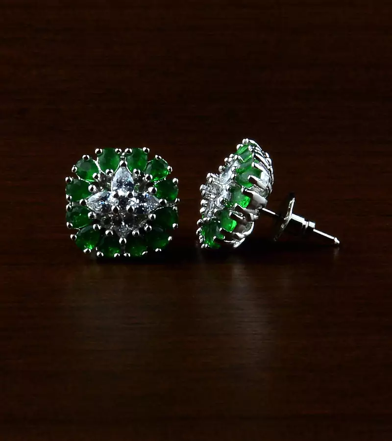 Rhodium Plated Green Stone Embellished American Diamond Earrings 216ED506