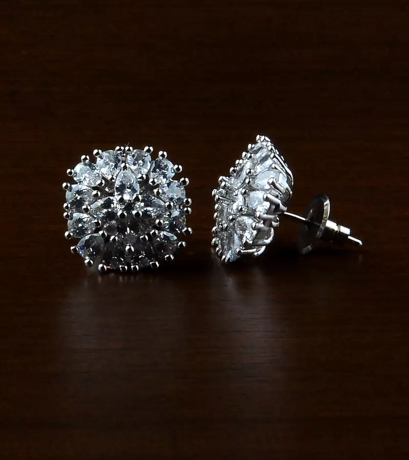 Rhodium Plated White Stone Embellished American Diamond Earrings 216ED507