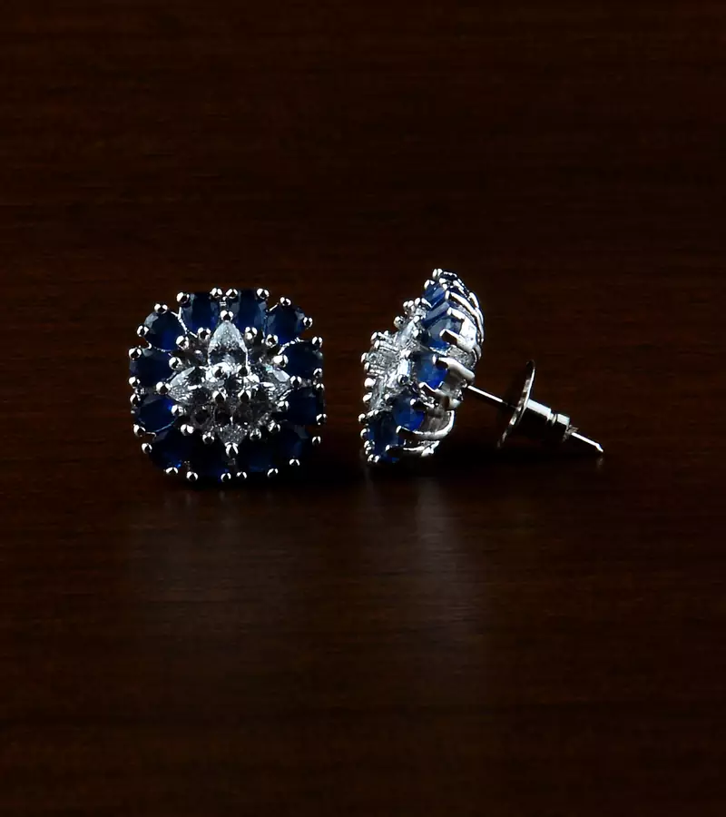 Rhodium Plated Blue Stone Embellished American Diamond Earrings 216ED508